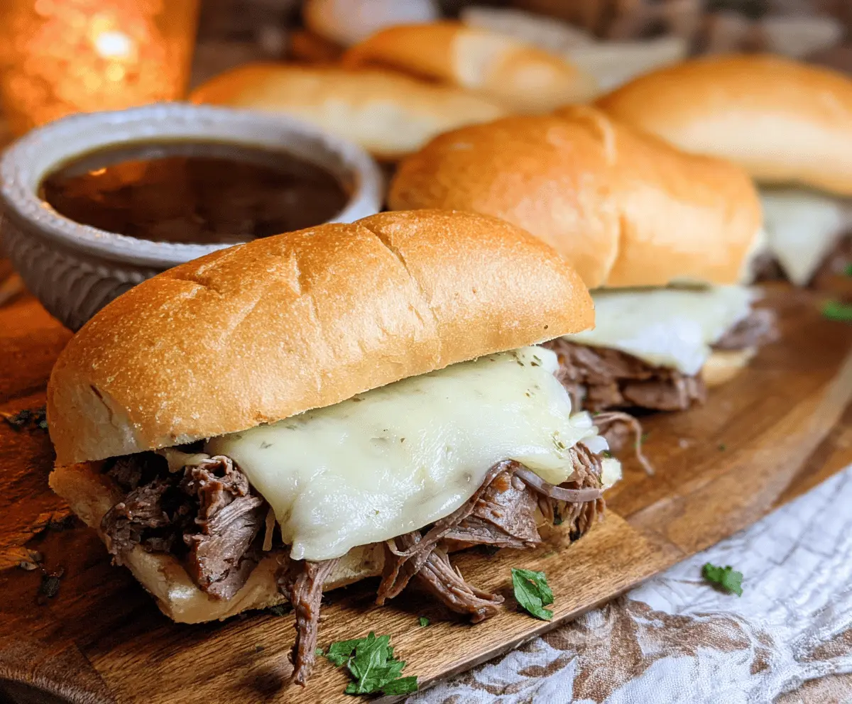 Delicious Crock Pot French Dip Sandwiches with tender roast beef and melted cheese in a crispy baguette