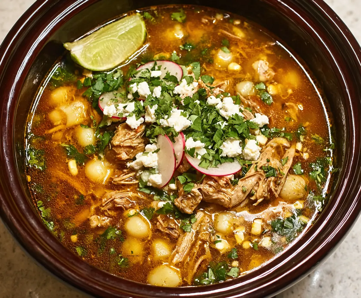 Delicious crockpot pozole soup with tender pork, hominy, and vibrant garnishes in a rustic bowl
