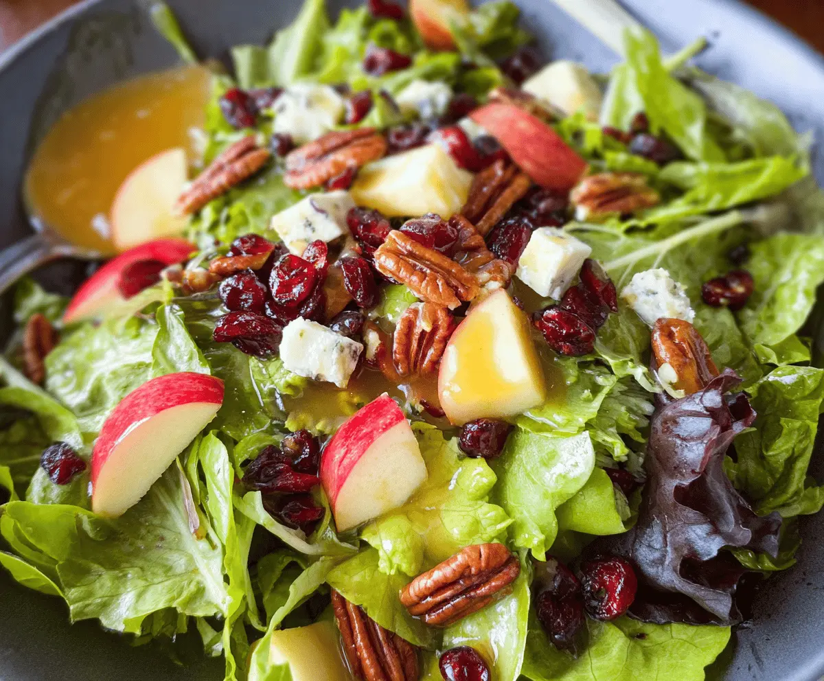 Fresh crunchy apple salad with fall decorations and a drizzle of maple vinaigrette.