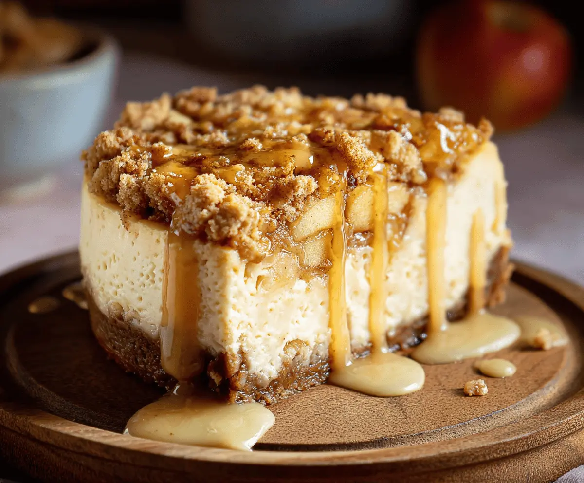 Slice of creamy apple crumble cheesecake topped with cinnamon and caramelized apples.