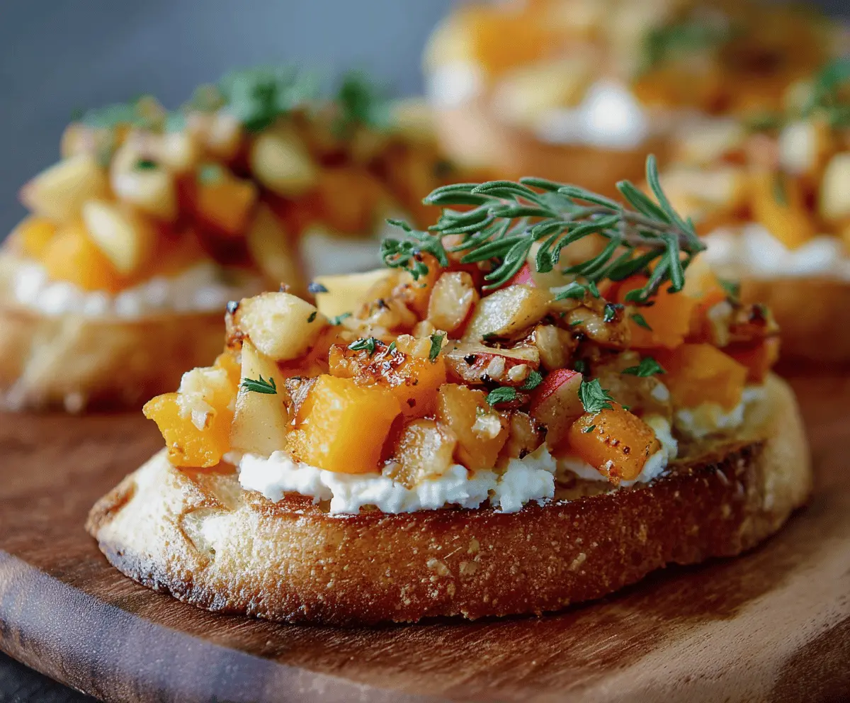 Fall-inspired bruschetta topped with roasted butternut squash and fresh apples on a rustic serving plate.