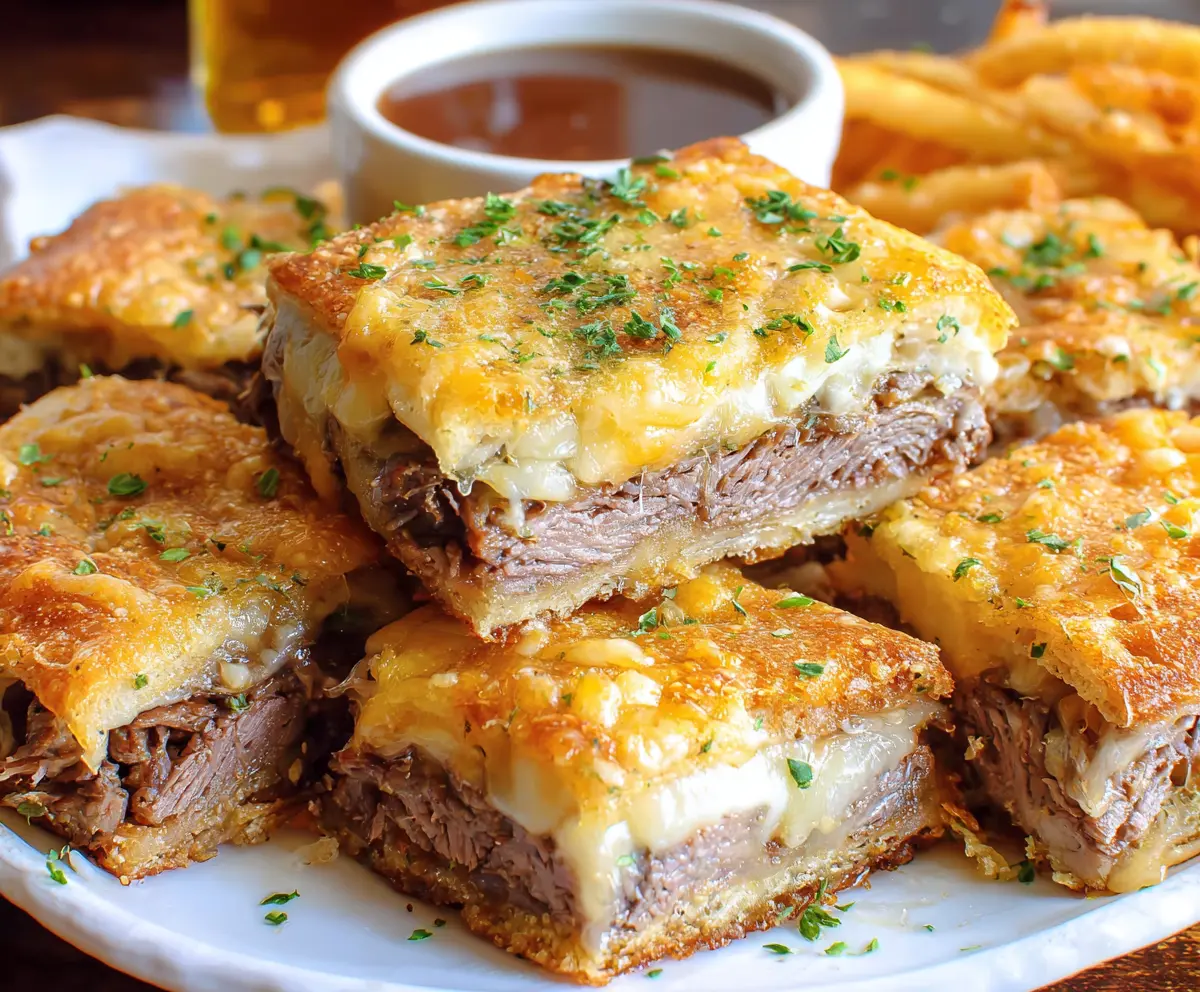 Savory French Dip Squares with melted cheese and tender roast beef on a baking sheet.