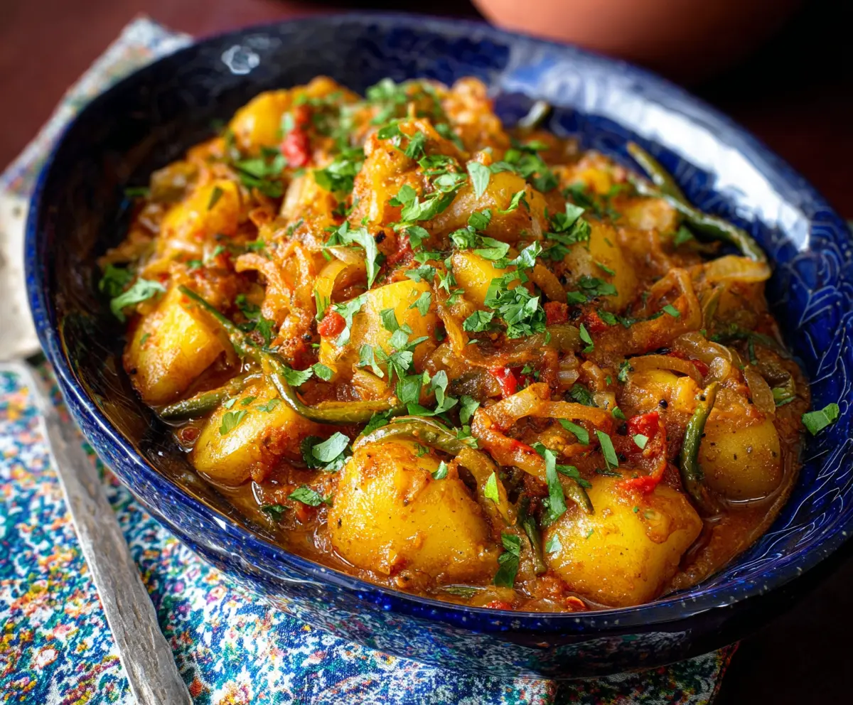 Delicious Dopiazeh Aloo Persian Potato Curry served in a bowl, showcasing vibrant spices and tender potatoes.