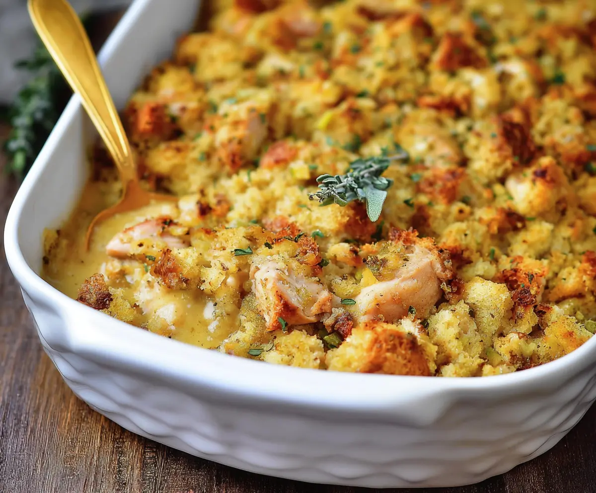 Delicious easy chicken and stuffing bake in a baking dish, topped with golden brown crust.