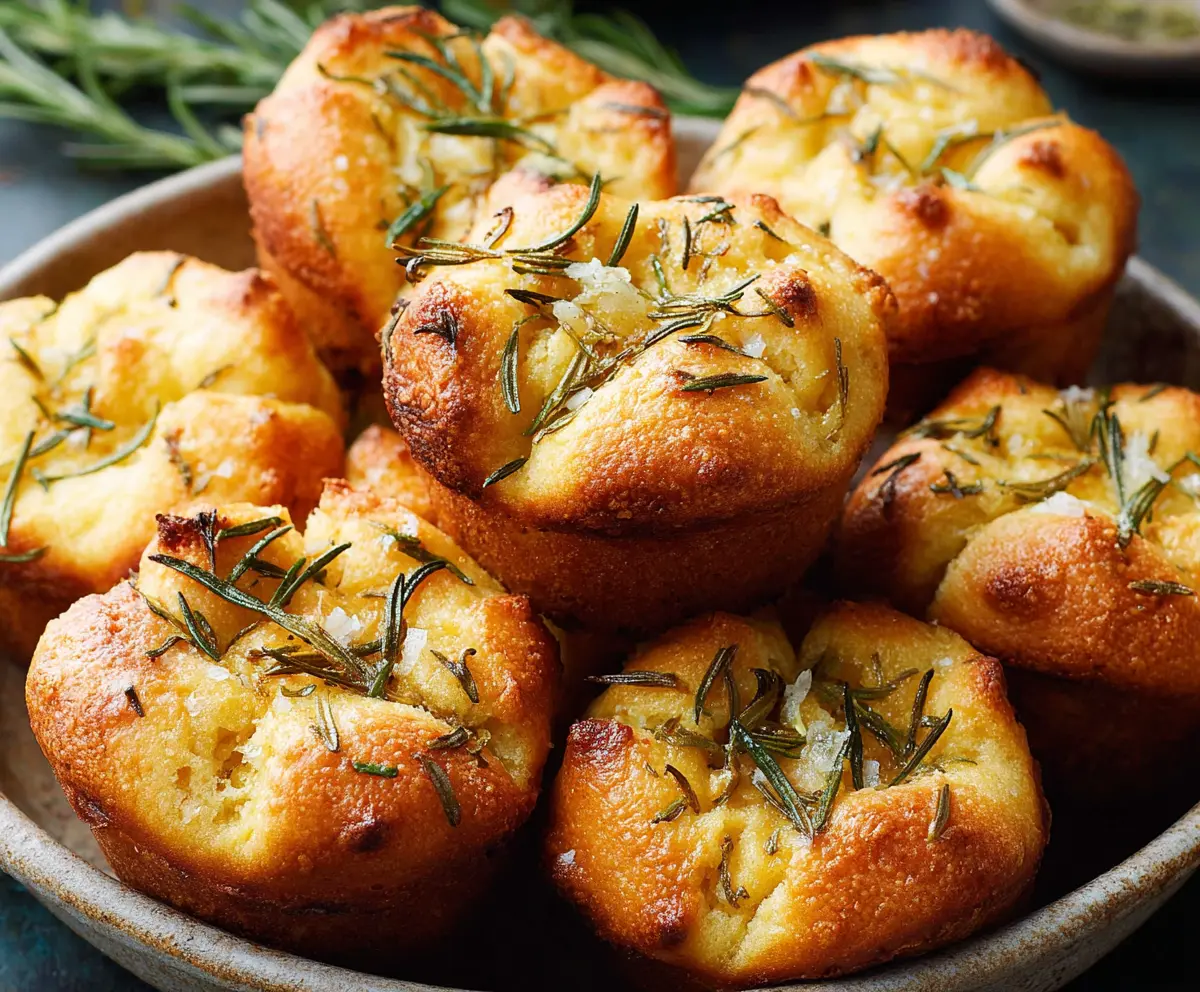Delicious homemade garlic rosemary focaccia muffins with golden crust and flavorful herbs.