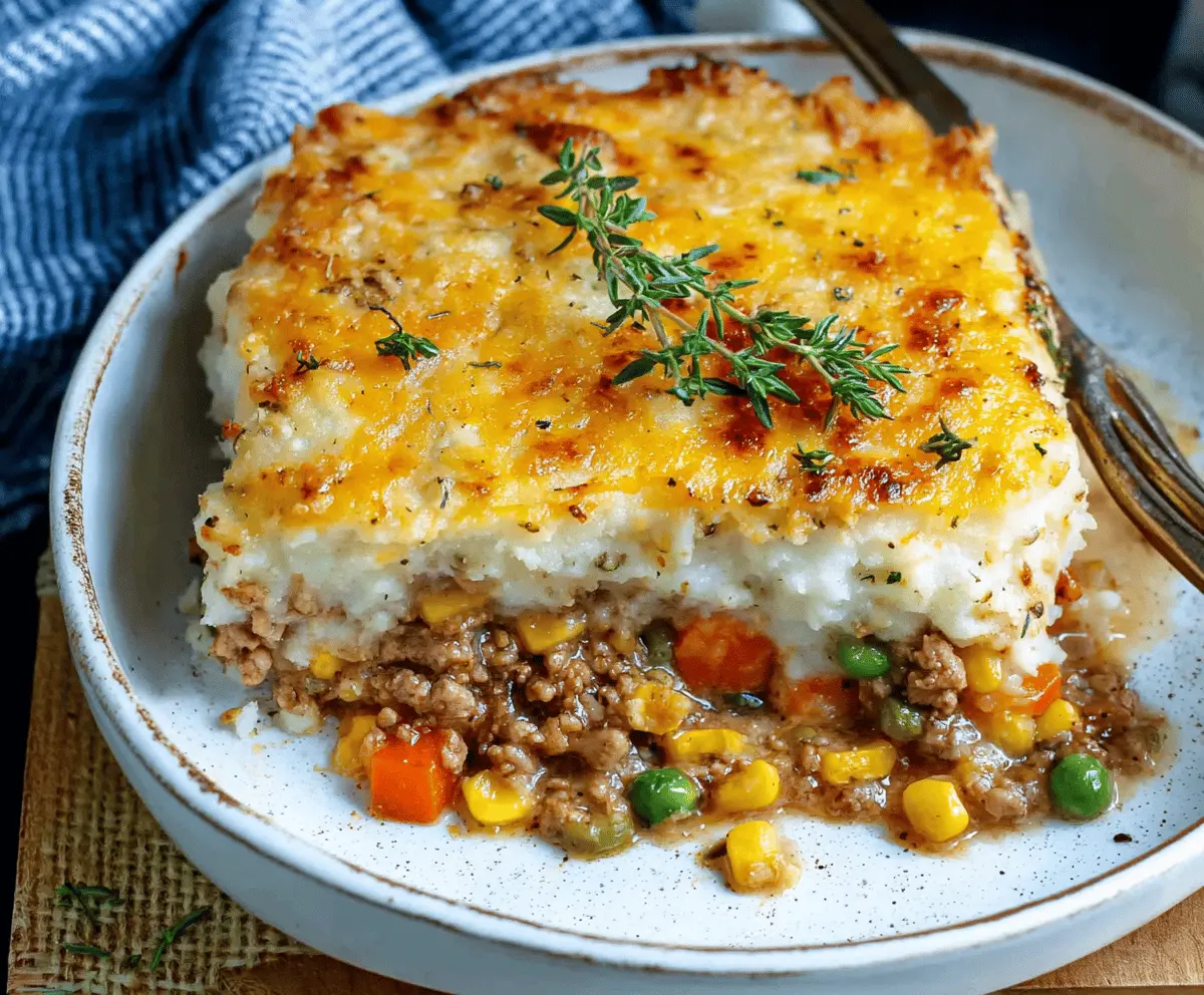 Delicious easy ground turkey shepherd's pie topped with golden mashed potatoes served on a plate