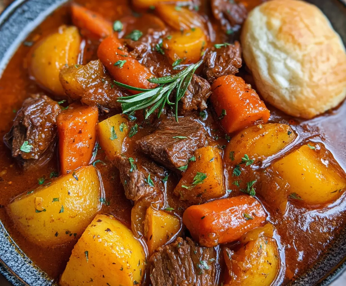 Hearty homemade beef stew with tender beef chunks, vegetables, and rich broth served in a rustic bowl.