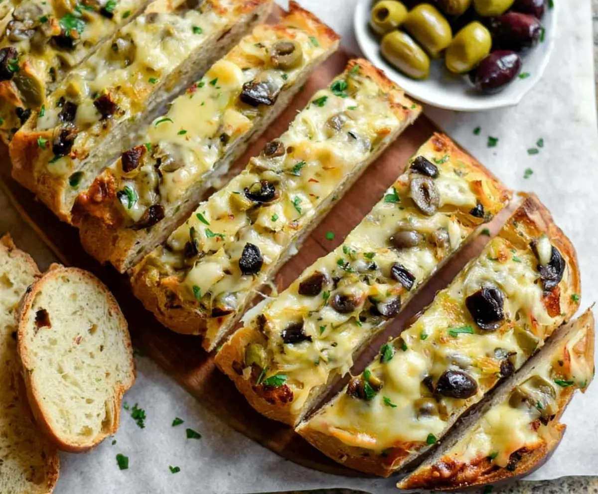 Delicious Easy Olive Cheese Bread Appetizer on a rustic wooden board