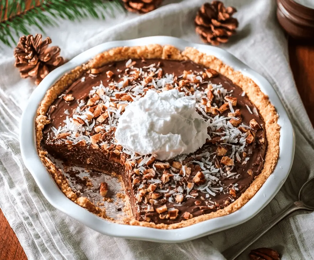 Delicious no-bake German chocolate pie with coconut and pecans, perfect for Christmas dessert.