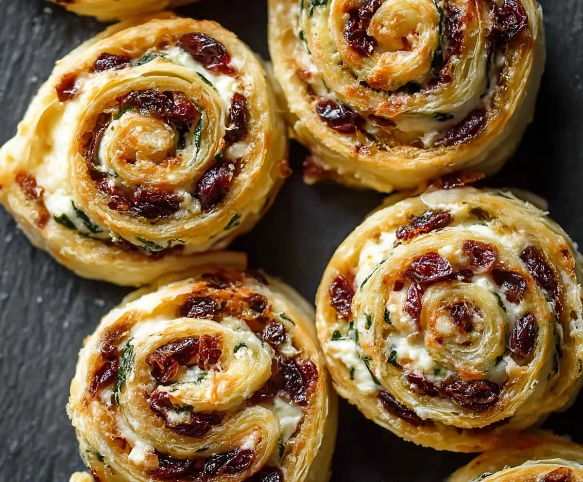 Delicious flaky cranberry cream cheese pinwheels served on a platter, perfect for holidays and parties.