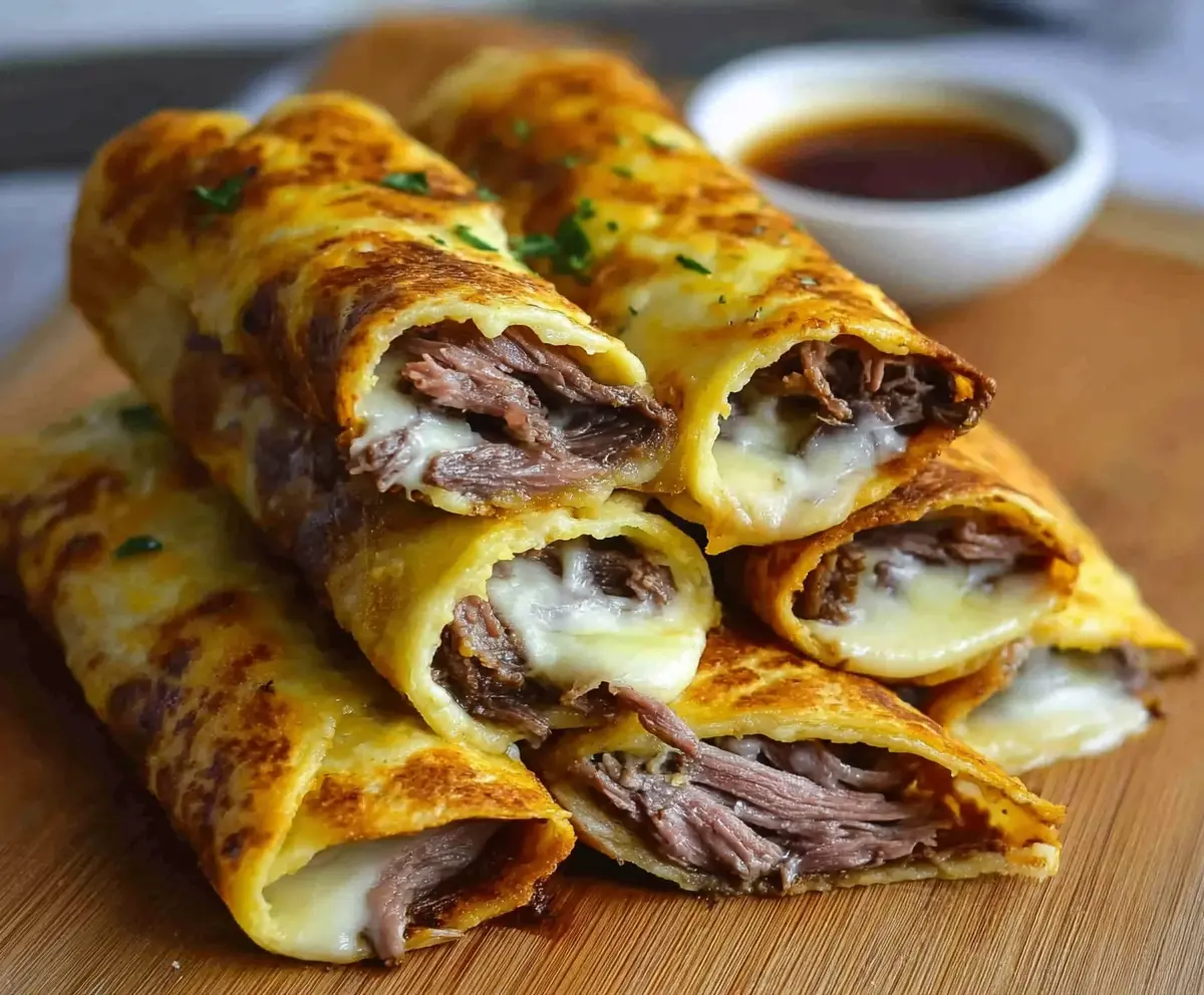 French Dip Tortilla Roll Ups filled with roast beef and cheese, served as a savory appetizer or snack.