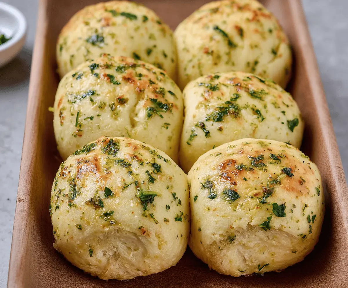 Oven-baked garlic bread rolls with a golden crust and aromatic garlic herb spread.