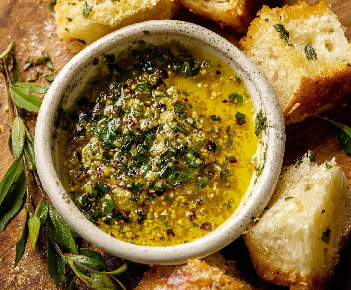 Close-up of a garlic olive oil dip served in a bowl, garnished with fresh herbs.