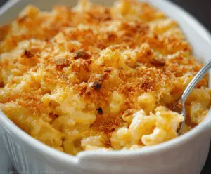 Creamy gourmet baked mac and cheese topped with a crispy, golden crunch, served in a rustic bowl.