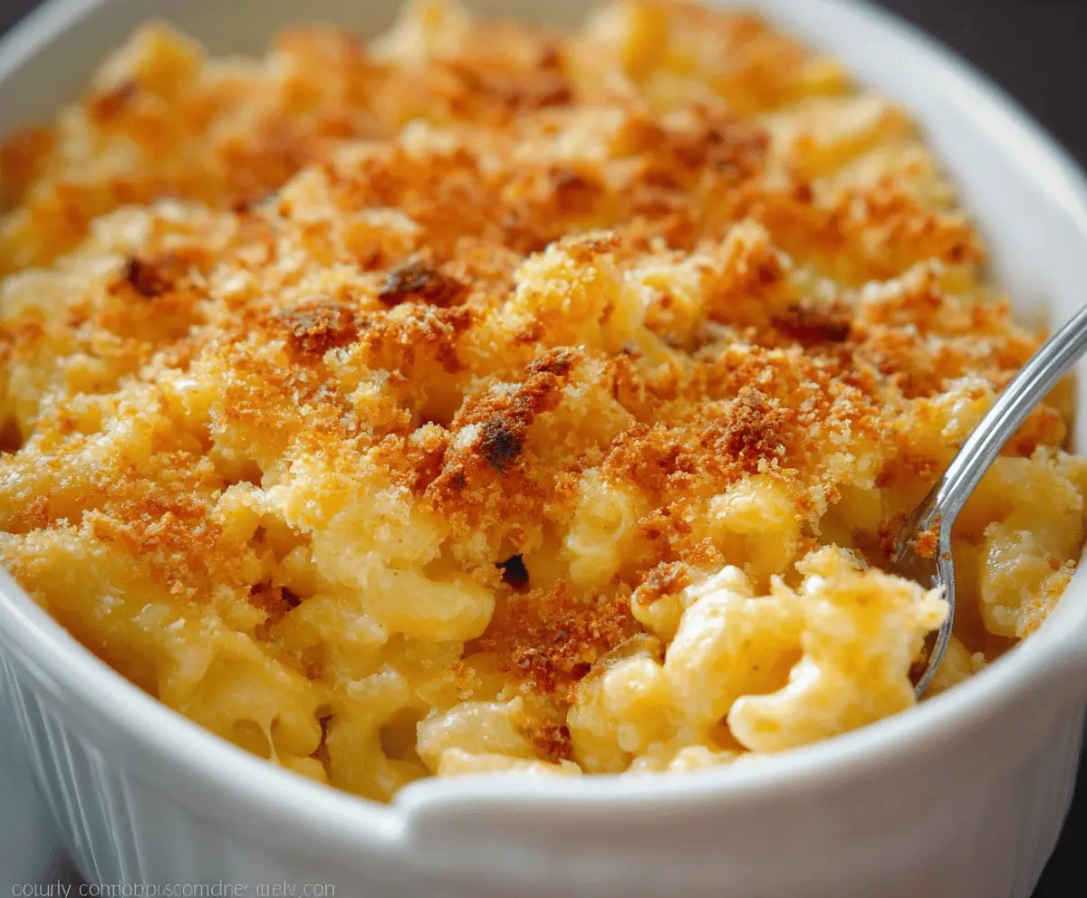 Creamy gourmet baked mac and cheese topped with a crispy, golden crunch, served in a rustic bowl.