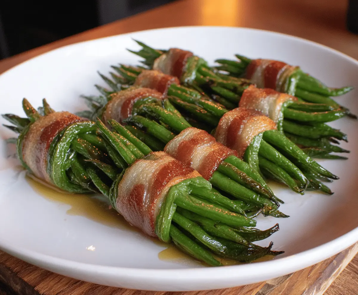 Delicious green bean bundles wrapped with bacon on a serving platter.