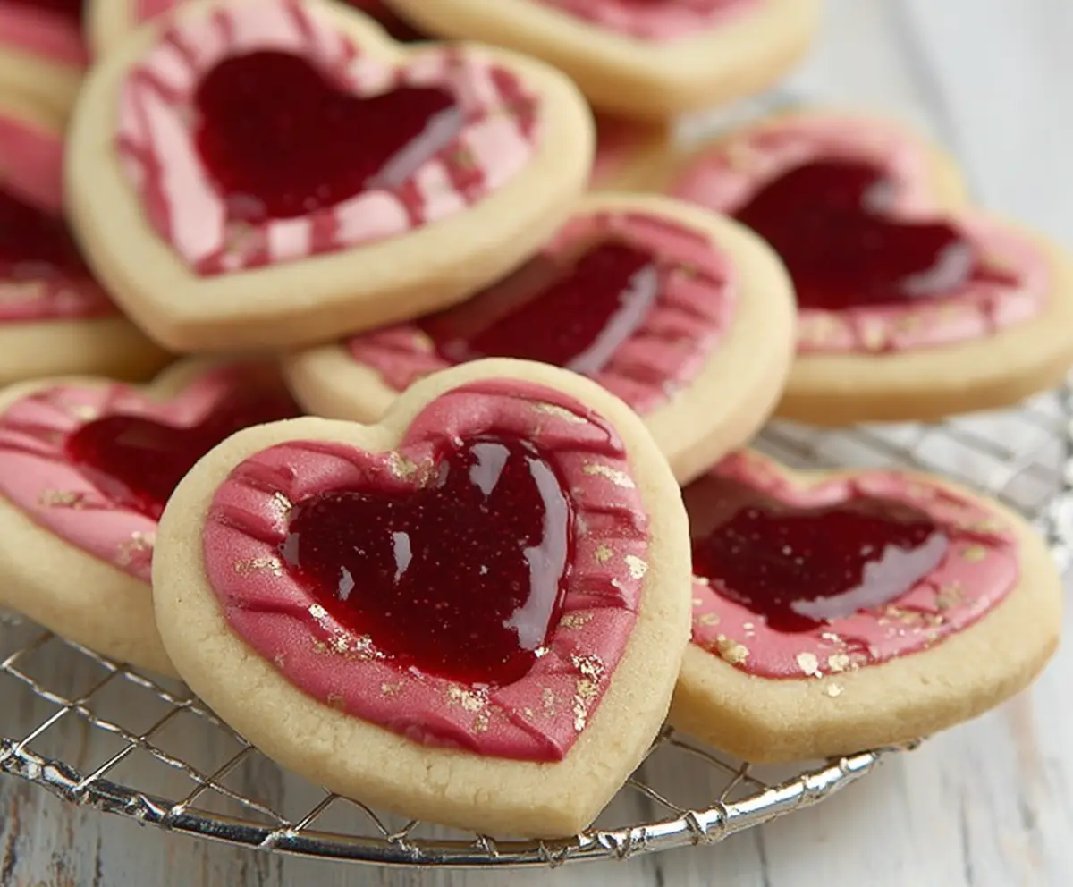 Valentine's Day Heart Jam Cookies with sweet jam filling and festive decoration
