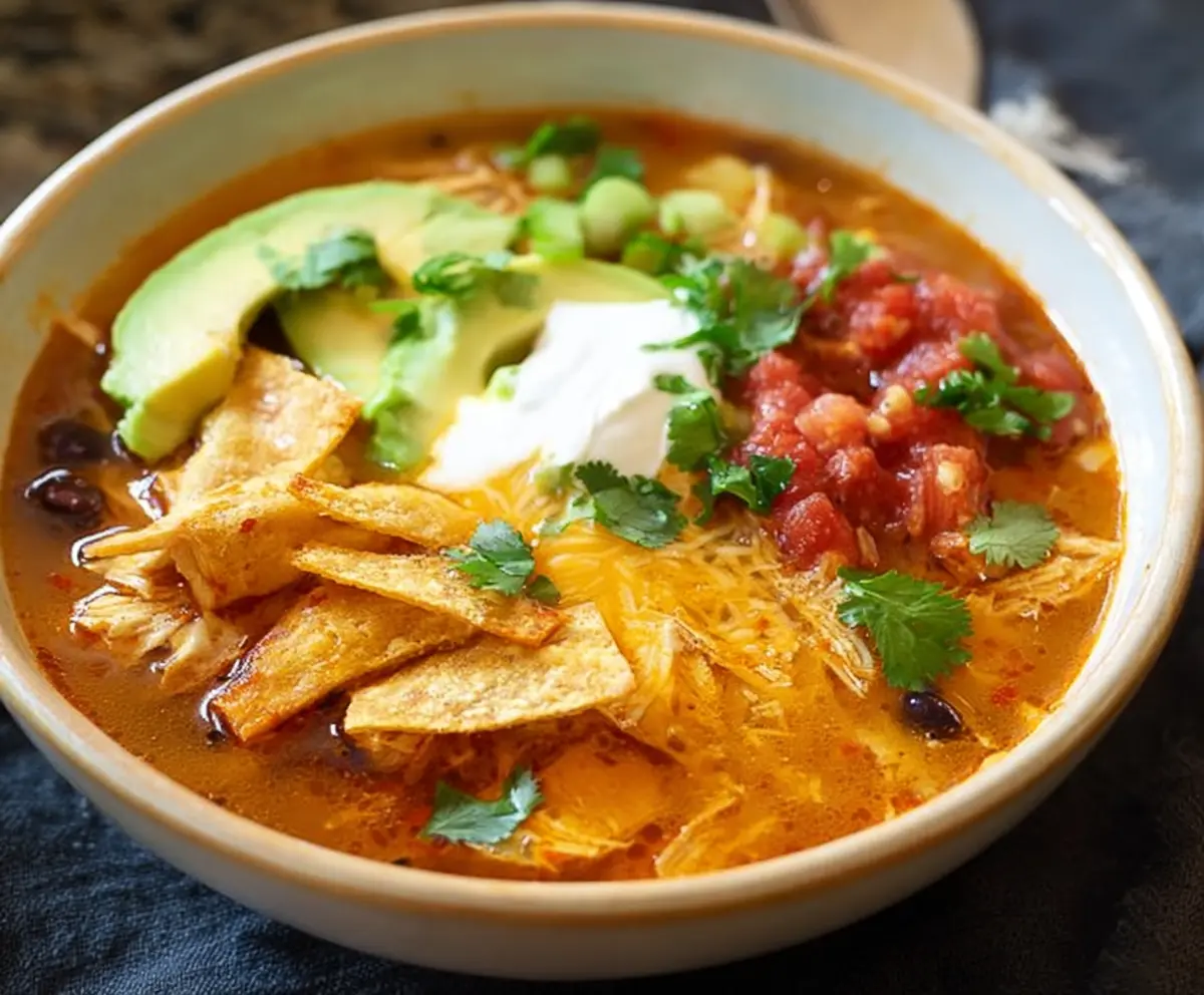 Delicious homemade tortilla soup in a bowl with fresh toppings and herbs.