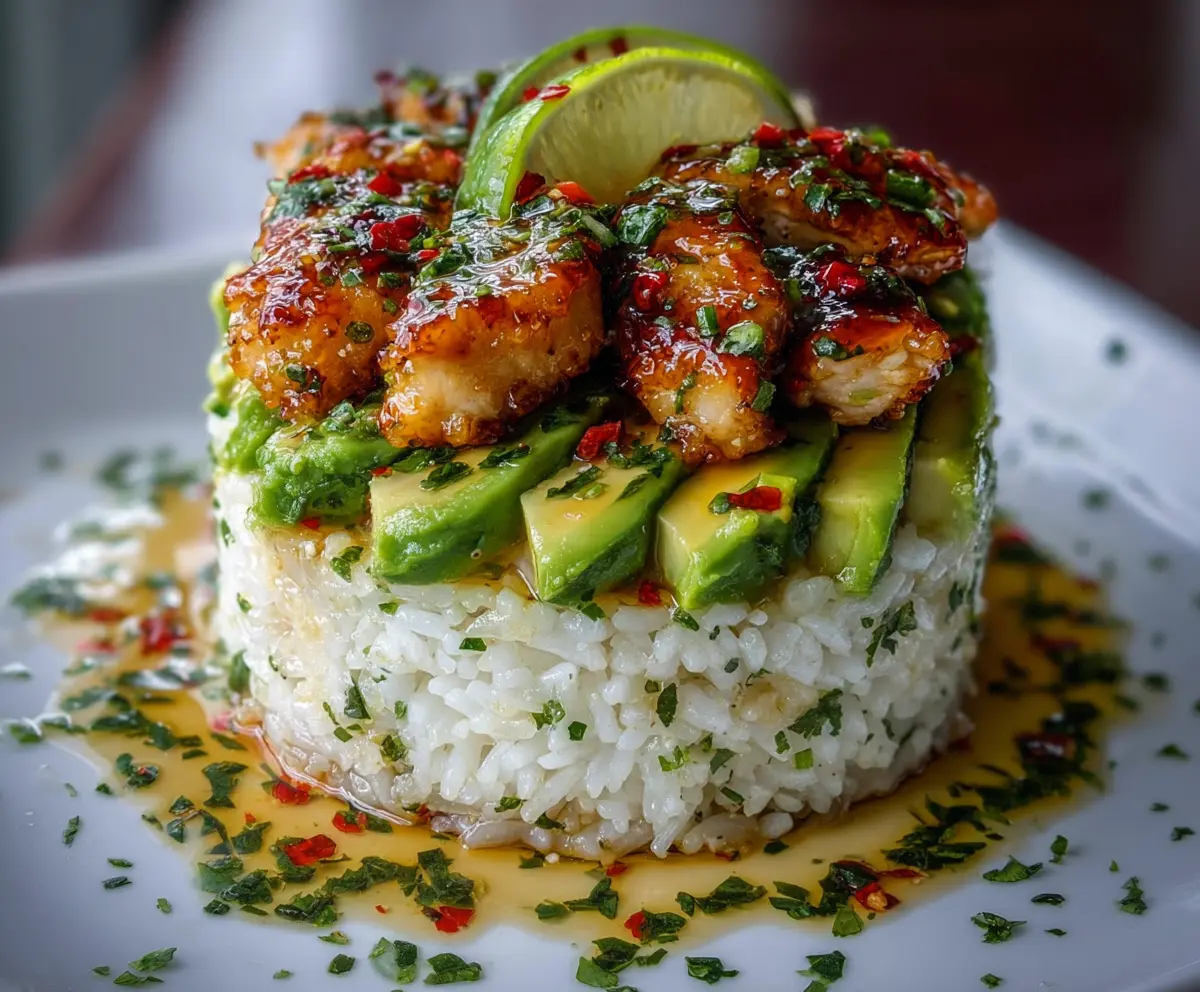 Delicious Honey Lime Chicken and Avocado Rice Stack served on a plate, showcasing vibrant colors and fresh ingredients.