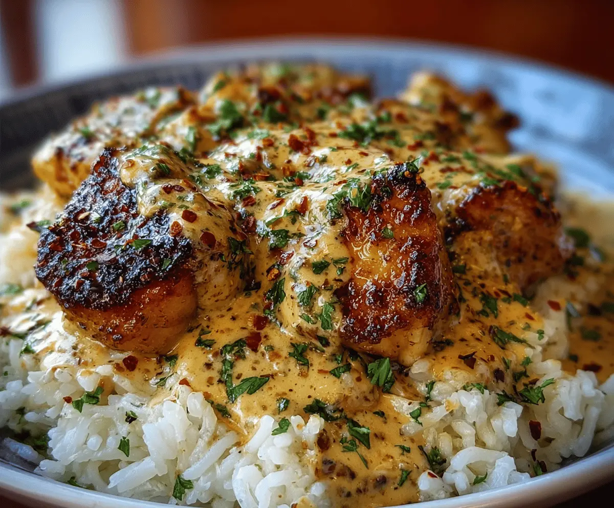 Delicious creamy smothered chicken served over fluffy rice with rich sauce