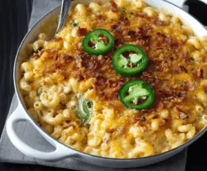 Creamy Jalapeño Popper Macaroni and Cheese topped with melted cheese and fresh jalapeño slices.