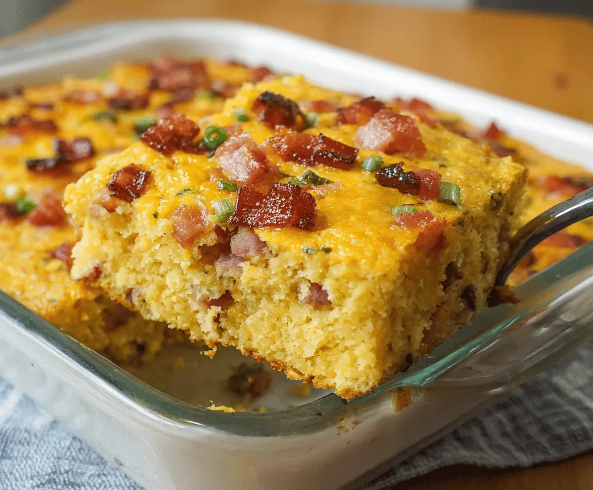 Delicious Loaded Cornbread Casserole topped with cheese, bacon, and green onions on a serving dish.