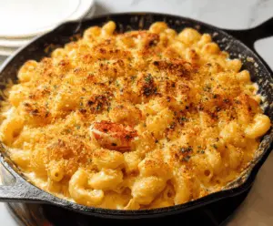 Creamy lobster mac and cheese served in a rustic bowl, topped with melted cheese and fresh herbs.