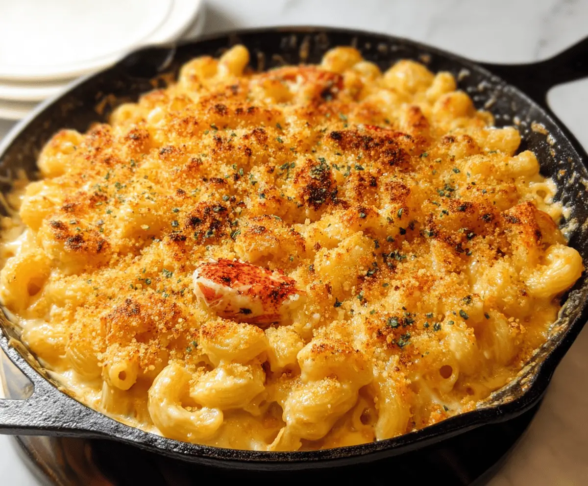 Creamy lobster mac and cheese served in a rustic bowl, topped with melted cheese and fresh herbs.