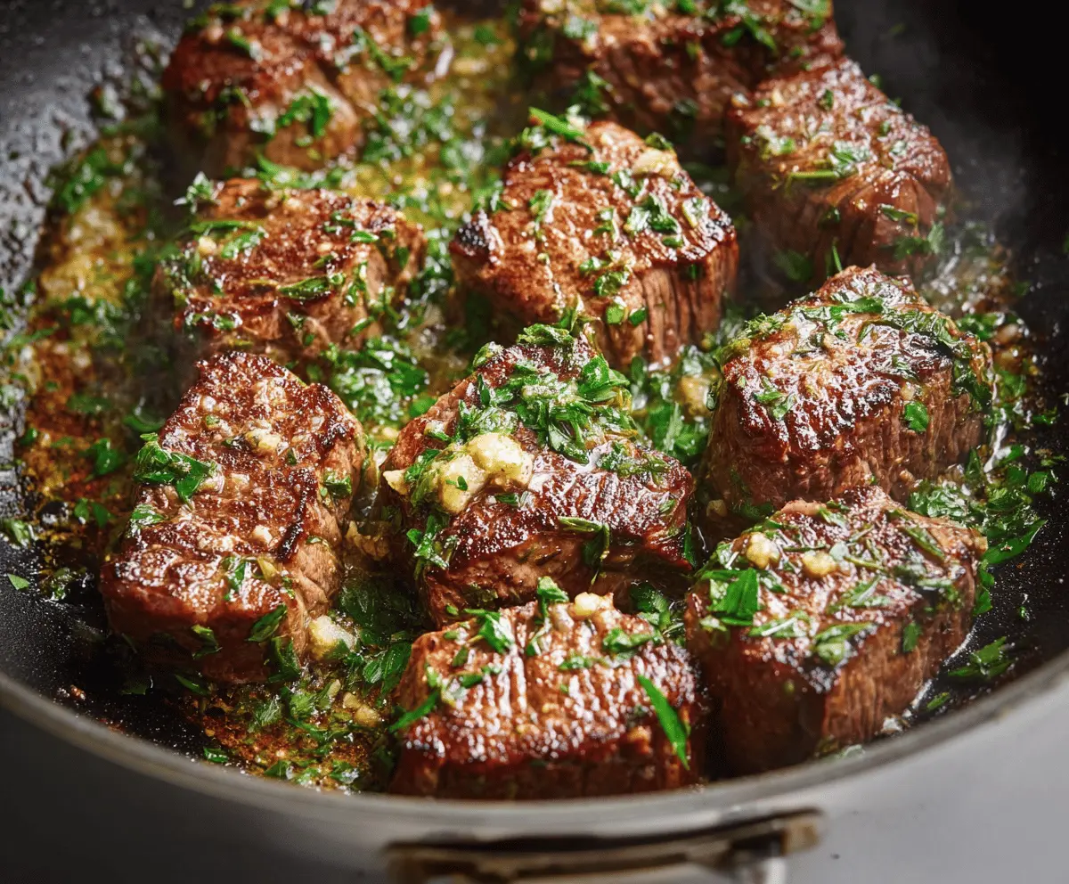 Juicy garlic butter steak garnished with fresh herbs on a wooden cutting board.