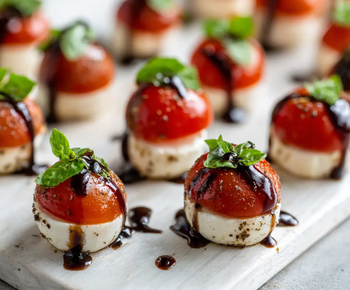 Mini Caprese Bites with cherry tomatoes, mozzarella, and fresh basil on a serving platter