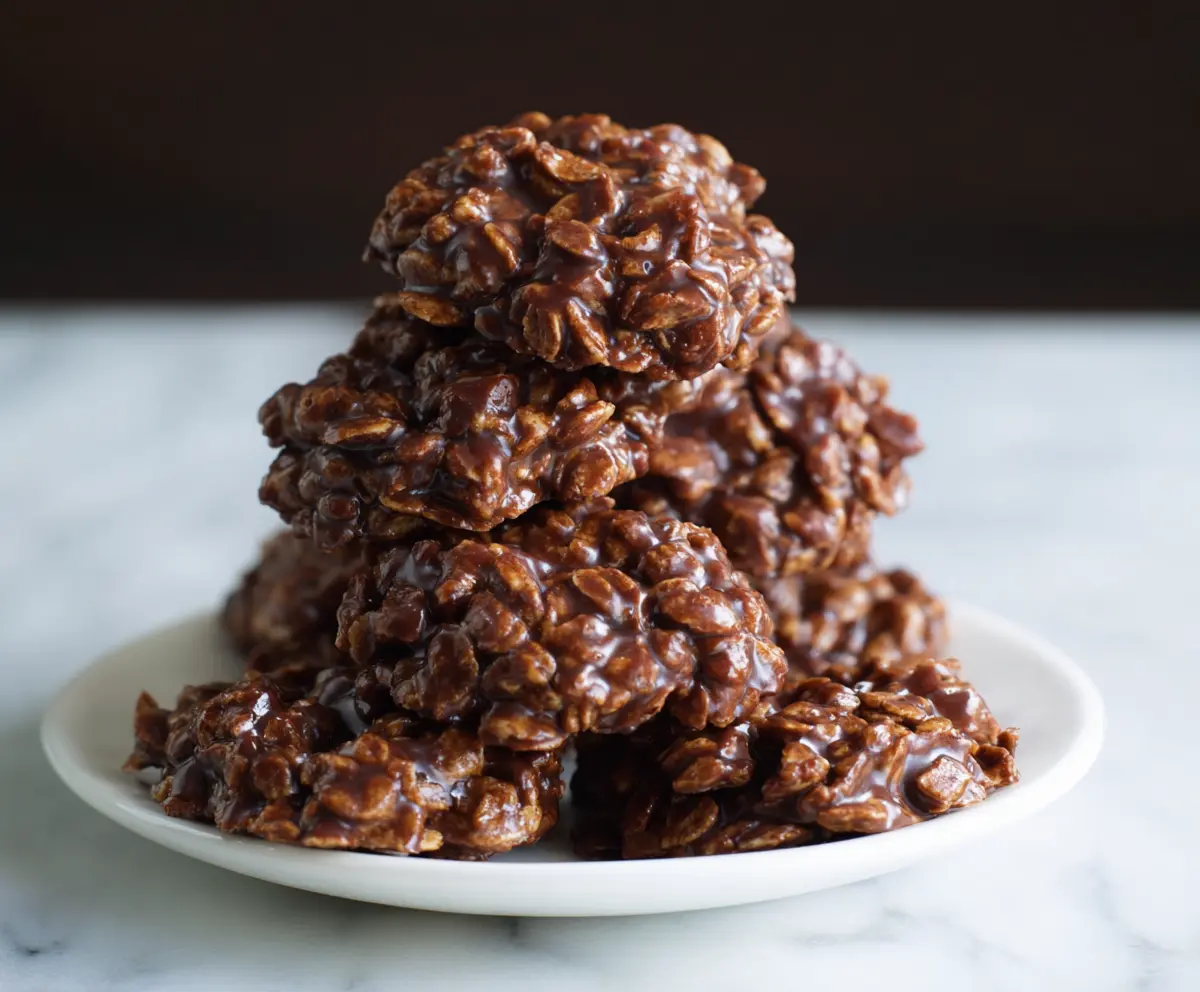 Delicious no bake cookies made with chocolate, oats, and peanut butter on a tray.