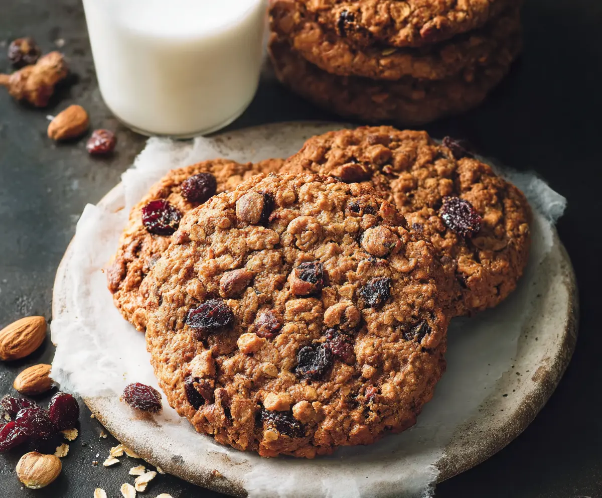 Freshly baked oatmeal cookies with raisins and cinnamon on a rustic wooden table.