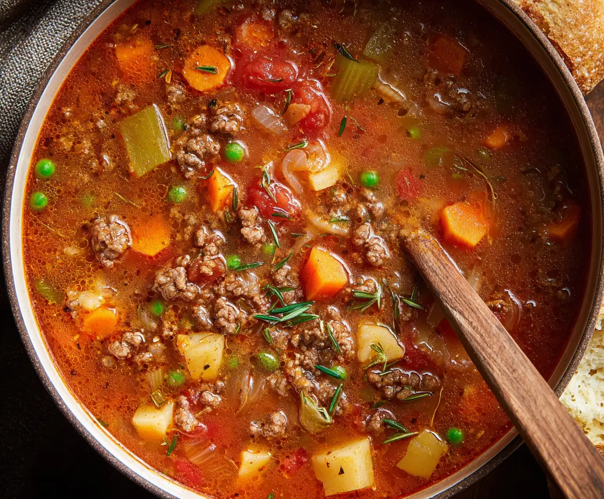 Hearty Old Fashioned Hamburger Soup with vegetables and ground beef in a rustic bowl.
