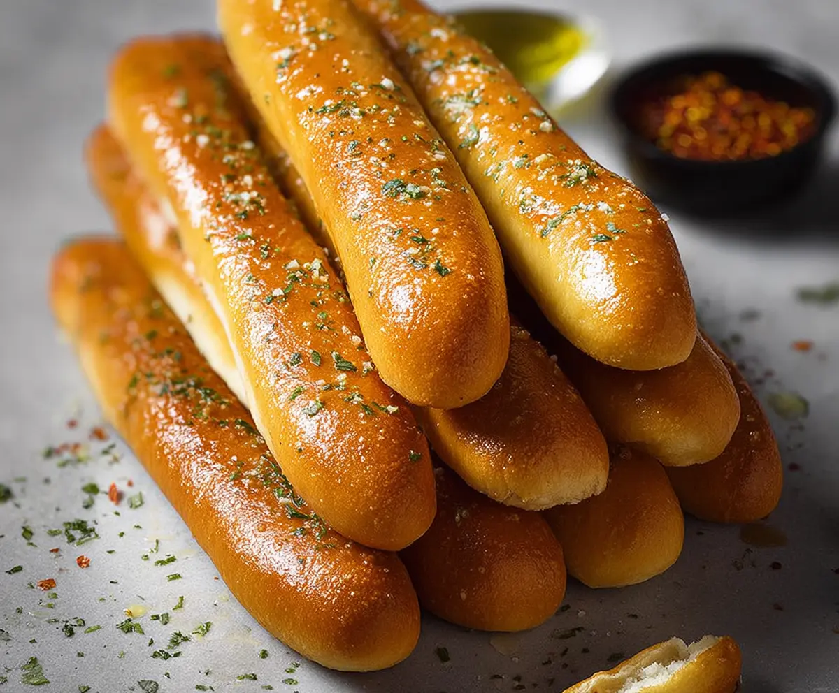 Golden baked Olive Garden-style breadsticks served with garlic and herbs.