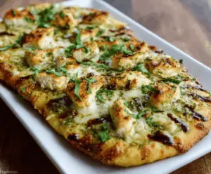 Delicious pesto chicken flatbread topped with fresh herbs and melted cheese, served on a rustic wooden table.