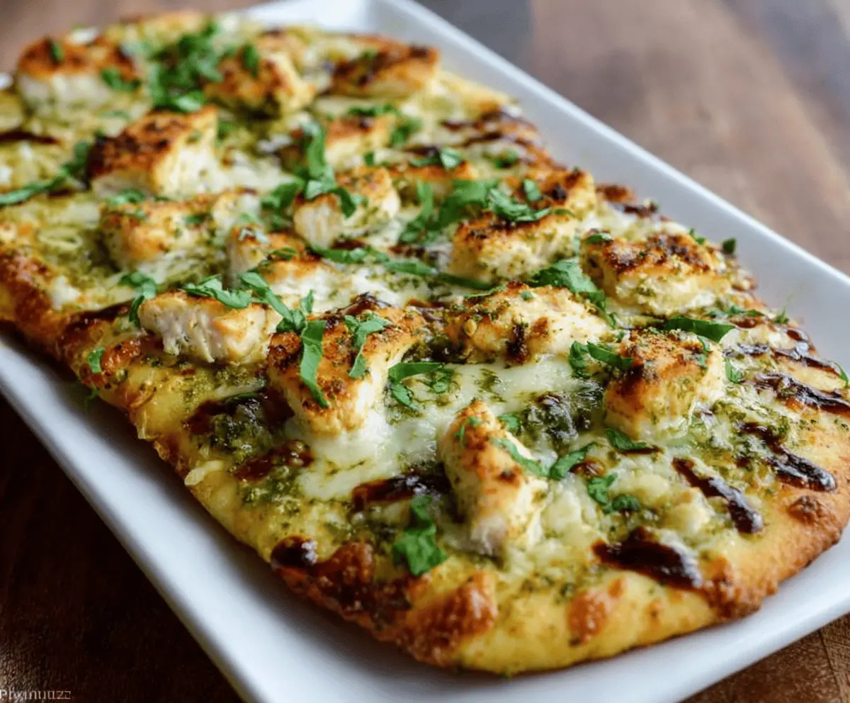 Delicious pesto chicken flatbread topped with fresh herbs and melted cheese, served on a rustic wooden table.