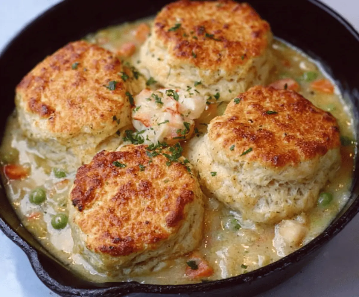 Delicious chicken pot pie with a golden biscuit topping and tender lobster pieces.