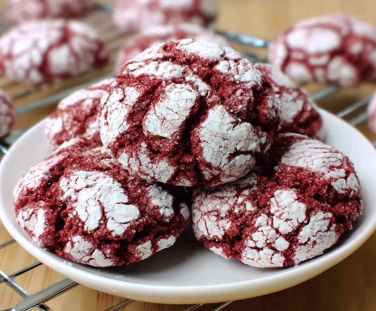 Delicious Red Velvet Crinkle Cookies with powdered sugar coating on a rustic plate