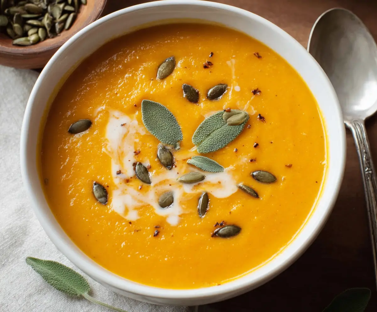 Creamy roasted butternut squash soup served in a bowl with fresh herbs and a drizzle of olive oil.