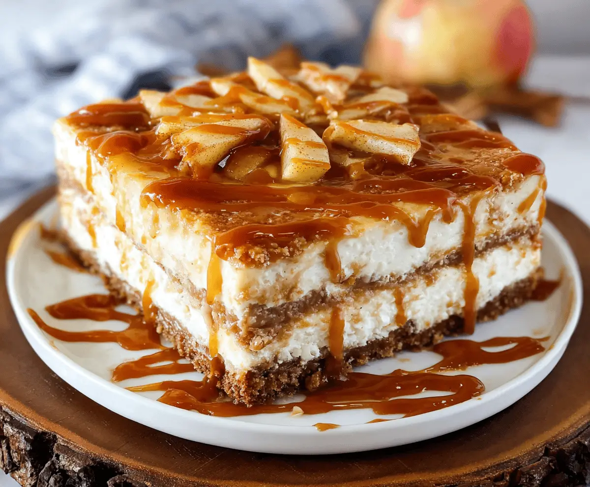 Delicious Salted Caramel Apple Pie Cheesecake topped with caramel and apple slices on a rustic plate.