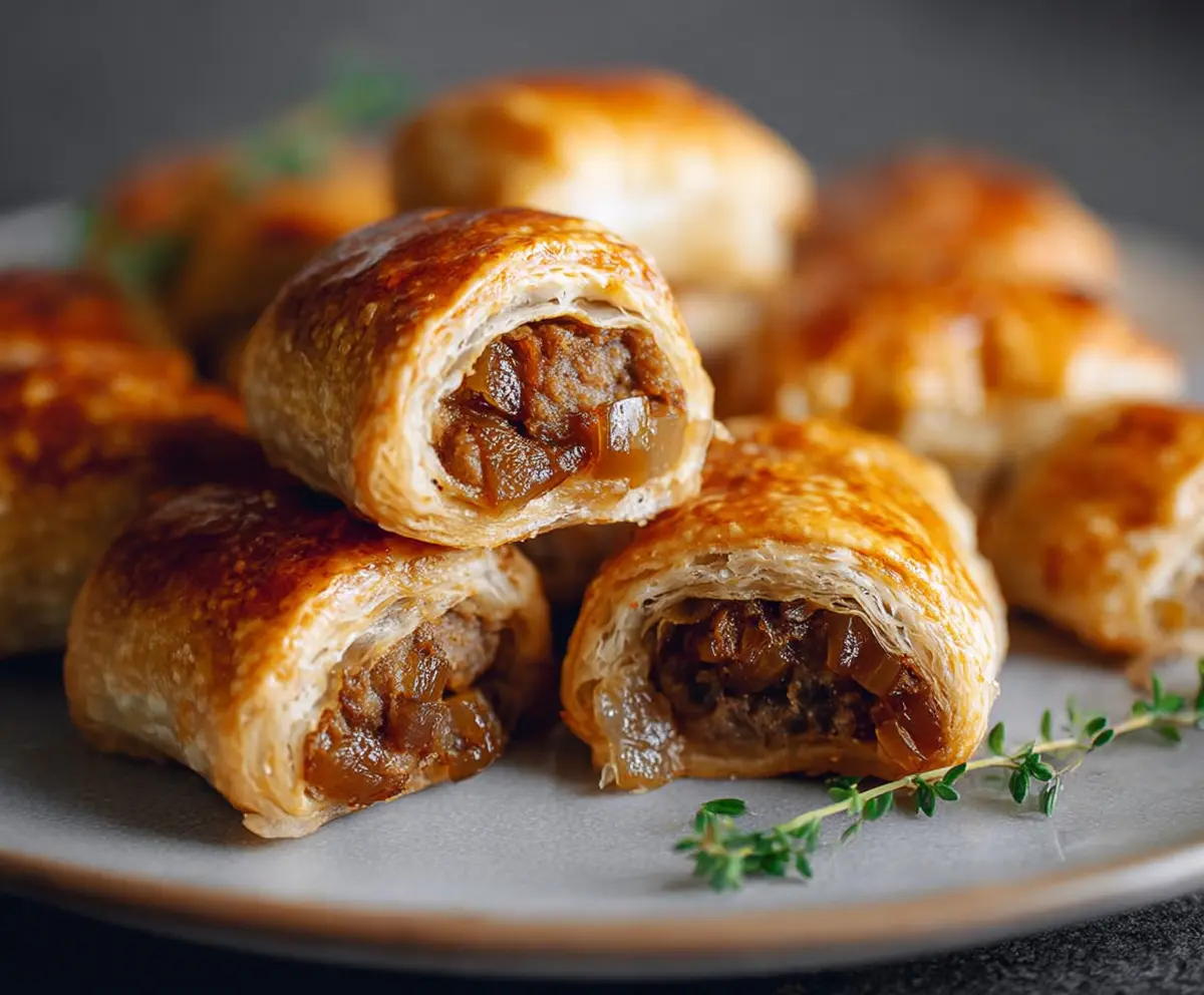 Delicious French onion sausage rolls with crispy golden pastry and savory filling, perfect for appetizers.