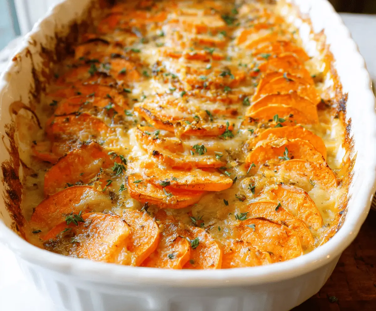 Creamy scalloped sweet potatoes baked with a golden crust and topped with herbs.