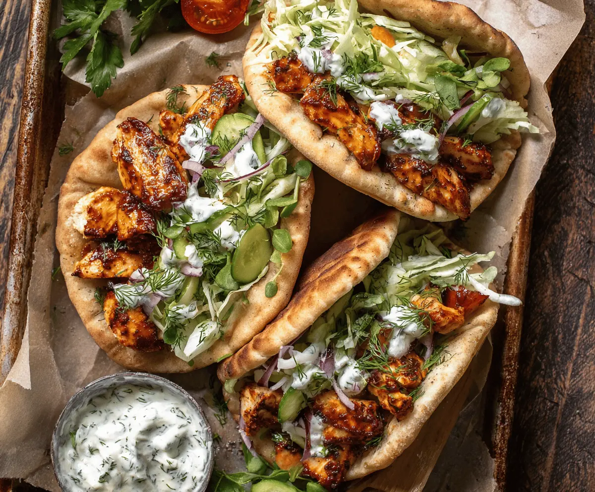 Delicious sheet pan chicken pitas topped with fresh herbs and creamy ranch dressing.