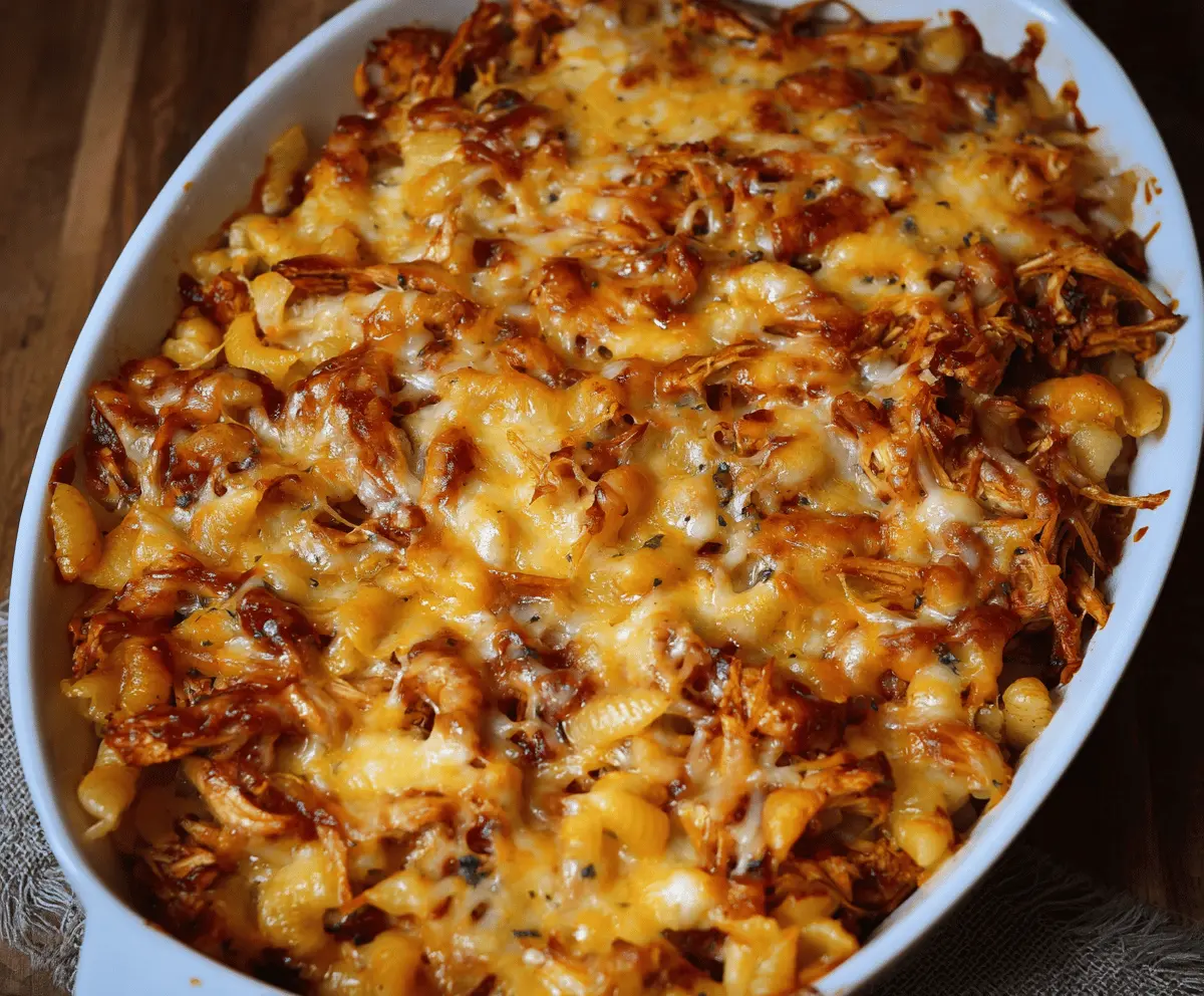 Delicious shredded BBQ chicken mac and cheese in a casserole dish with melted cheese and toppings