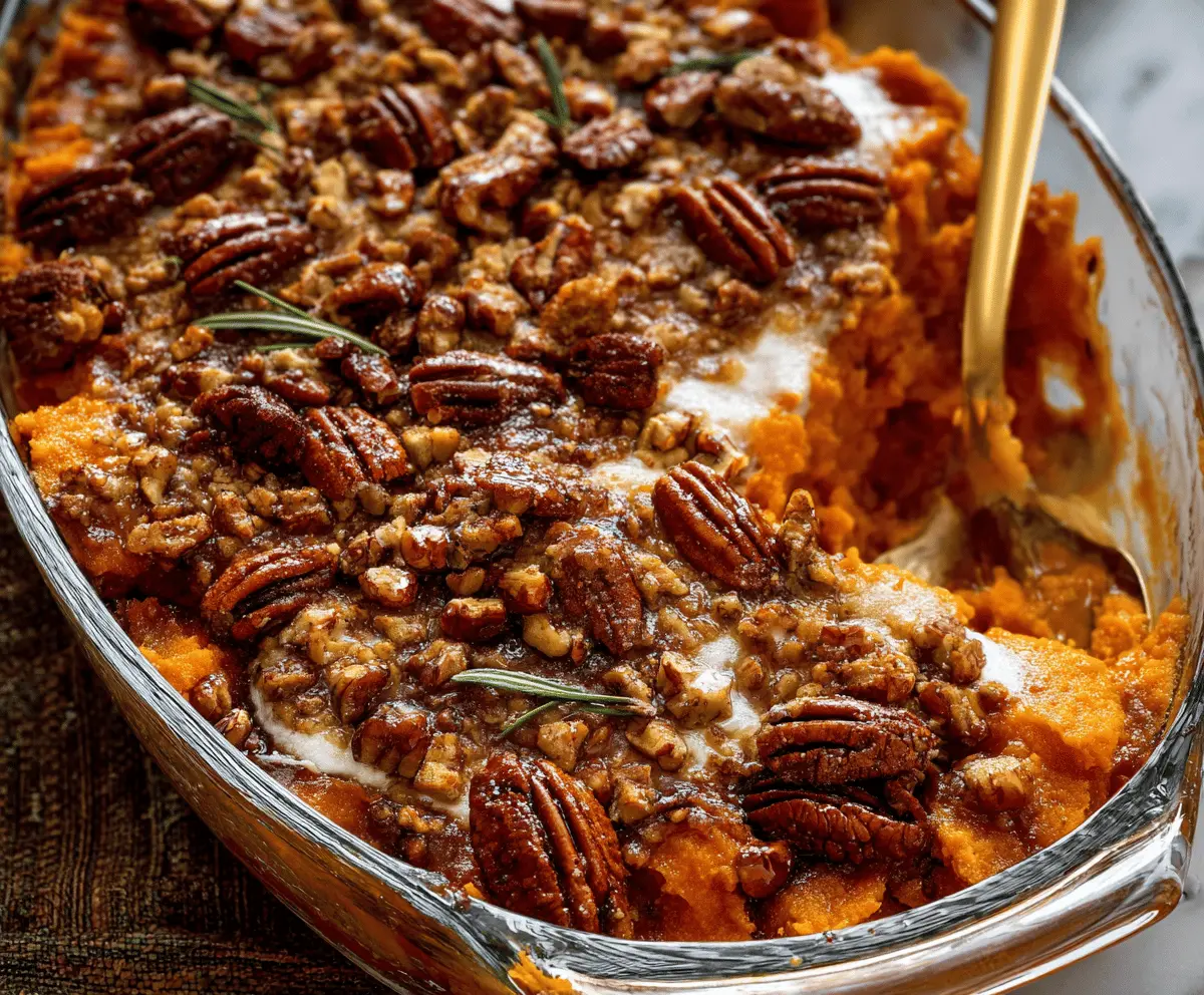 Delicious Southern Maple Sweet Potato Casserole topped with marshmallows and pecans
