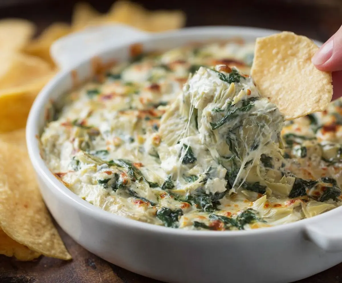 Creamy spinach artichoke dip served in a bowl, perfect as an appetizer.