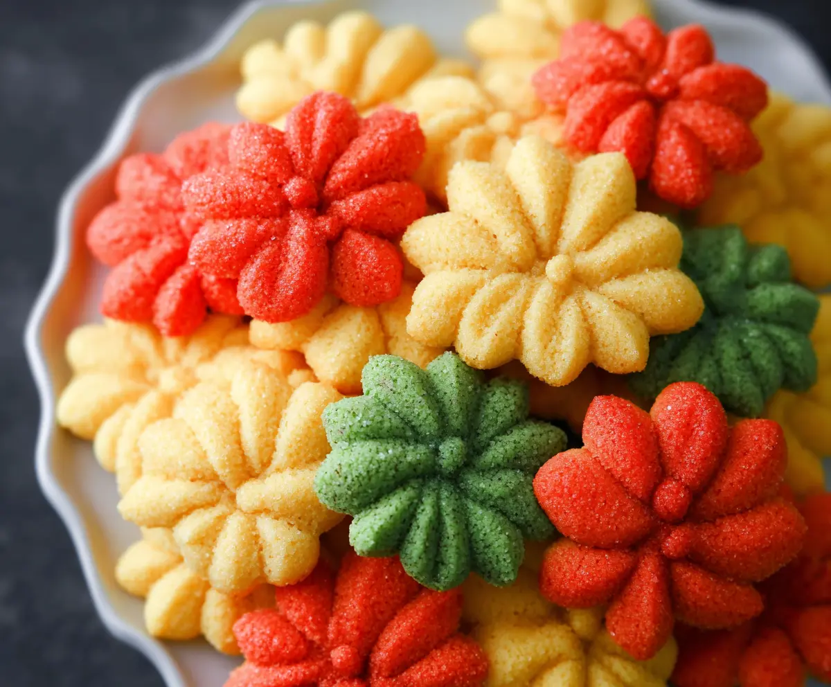Delicious homemade spritz cookies on a baking tray, perfect for festive celebrations.