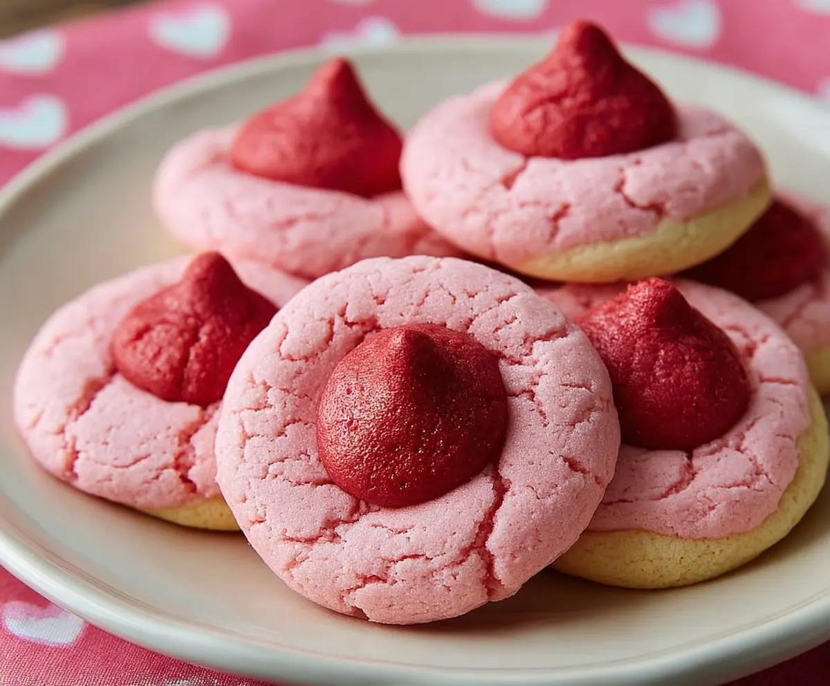 Delicious Strawberry Kiss Valentine Cookies with red and pink frosting and sprinkles.