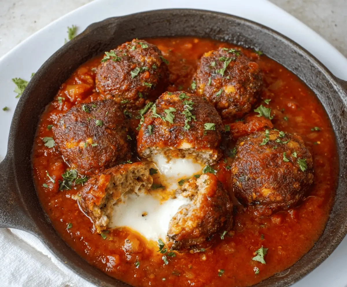 Delicious stuffed meatballs filled with melty mozzarella cheese on a serving plate.