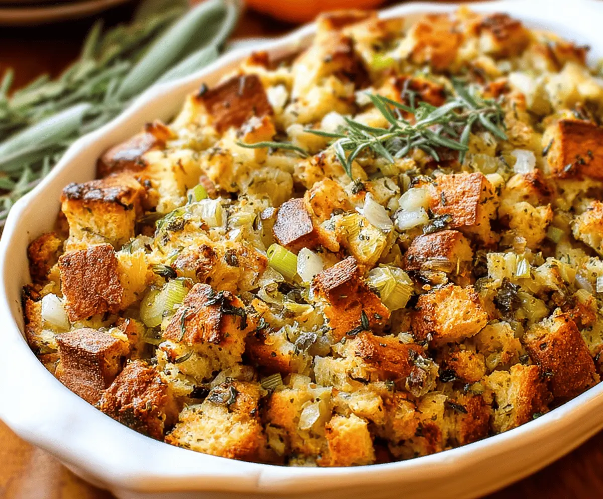 Delicious homemade stuffing recipe perfect for Thanksgiving dinner.